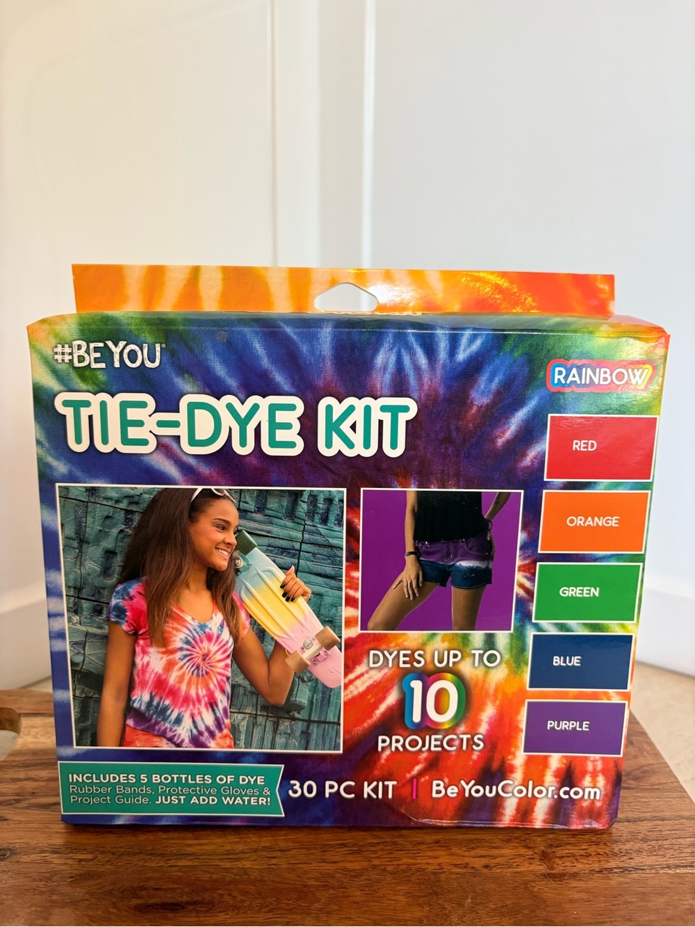 BeYou 5-Color Tie Dye Kit, featuring a vibrant tie-dye pattern.